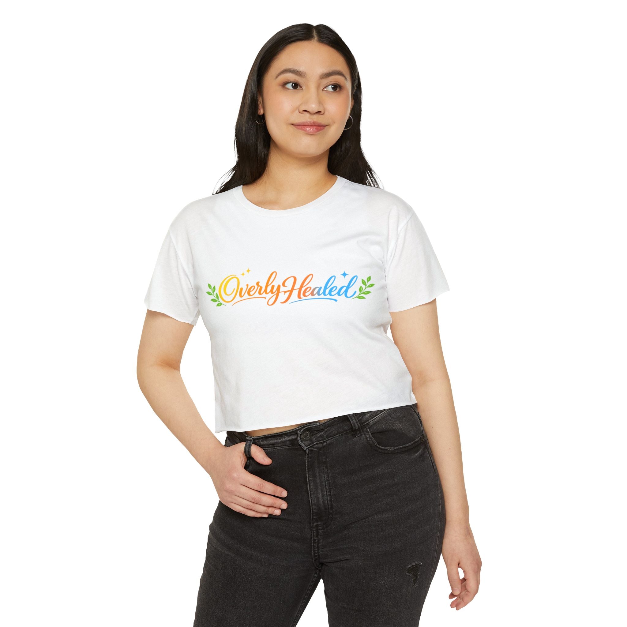 Overly Healed Crop Top — Women's Festival Rainbow Graphic Tee